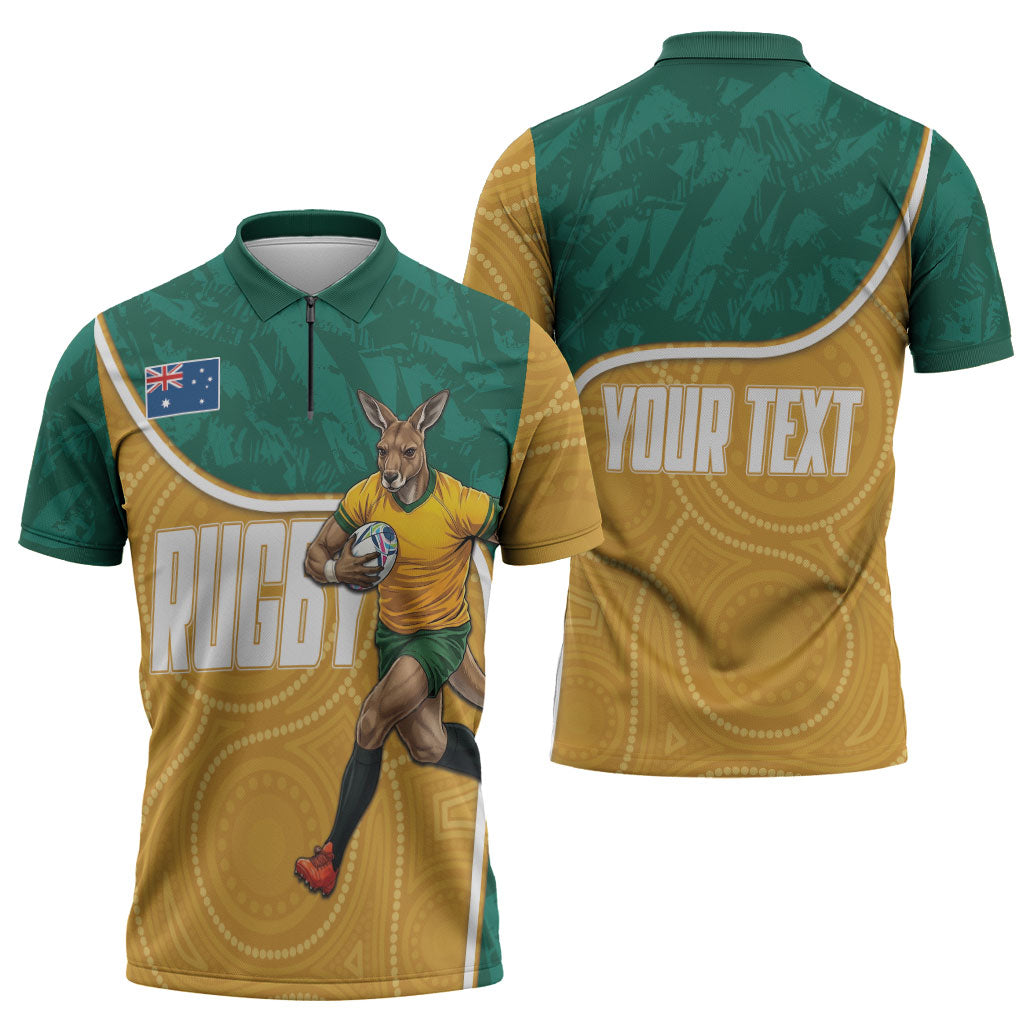 Personalised Australia Rugby Zipper Polo Shirt Wallabies Kangaroo Player Aboriginal Pattern
