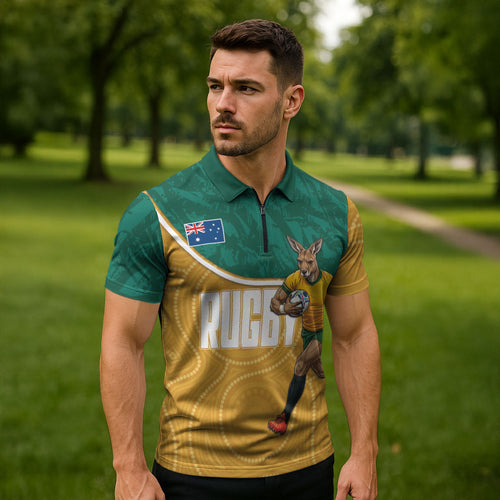Personalised Australia Rugby Zipper Polo Shirt Wallabies Kangaroo Player Aboriginal Pattern