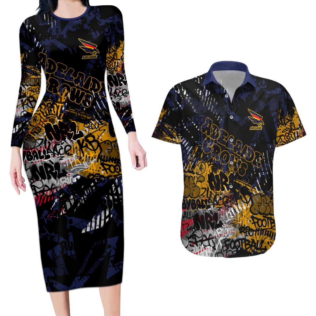 Adelaide Crows Couples Matching Long Sleeve Bodycon Dress and Hawaiian Shirt Urban Graffiti Street Art - Bold Abstract Spray Paint