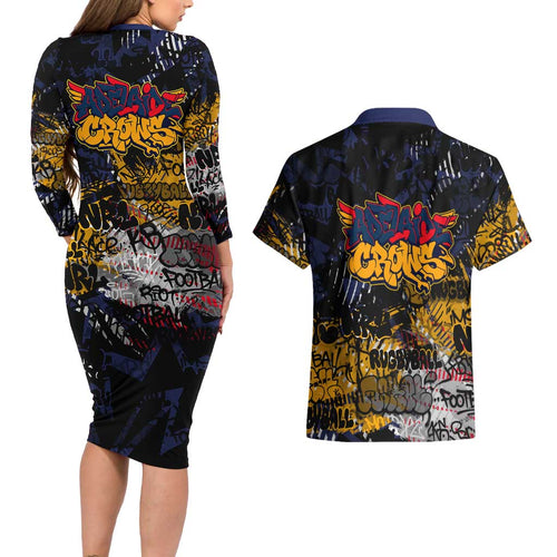 Adelaide Crows Couples Matching Long Sleeve Bodycon Dress and Hawaiian Shirt Urban Graffiti Street Art - Bold Abstract Spray Paint
