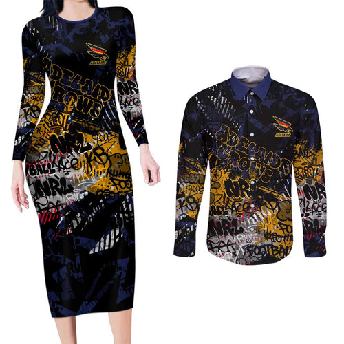 Adelaide Crows Couples Matching Long Sleeve Bodycon Dress and Long Sleeve Button Shirt Urban Graffiti Street Art - Bold Abstract Spray Paint