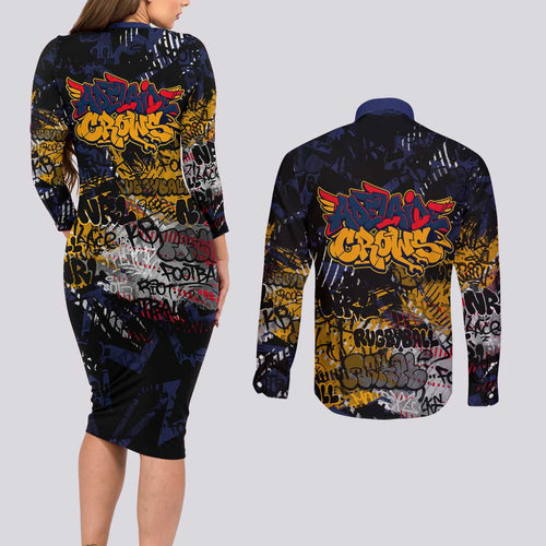 Adelaide Crows Couples Matching Long Sleeve Bodycon Dress and Long Sleeve Button Shirt Urban Graffiti Street Art - Bold Abstract Spray Paint