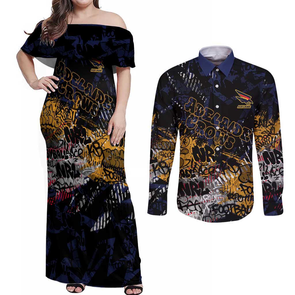 Adelaide Crows Couples Matching Off Shoulder Maxi Dress and Long Sleeve Button Shirt Urban Graffiti Street Art - Bold Abstract Spray Paint