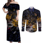 Adelaide Crows Couples Matching Off Shoulder Maxi Dress and Long Sleeve Button Shirt Urban Graffiti Street Art - Bold Abstract Spray Paint