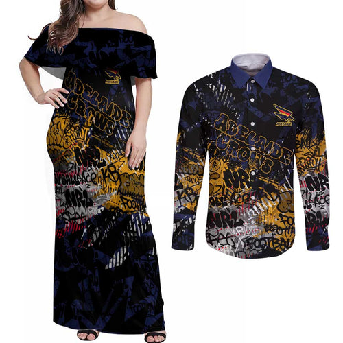 Adelaide Crows Couples Matching Off Shoulder Maxi Dress and Long Sleeve Button Shirt Urban Graffiti Street Art - Bold Abstract Spray Paint