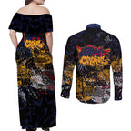 Adelaide Crows Couples Matching Off Shoulder Maxi Dress and Long Sleeve Button Shirt Urban Graffiti Street Art - Bold Abstract Spray Paint