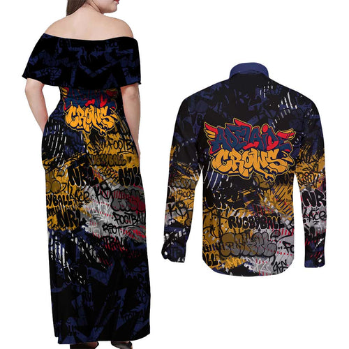 Adelaide Crows Couples Matching Off Shoulder Maxi Dress and Long Sleeve Button Shirt Urban Graffiti Street Art - Bold Abstract Spray Paint