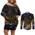 Adelaide Crows Couples Matching Off Shoulder Short Dress and Long Sleeve Button Shirt Urban Graffiti Street Art - Bold Abstract Spray Paint
