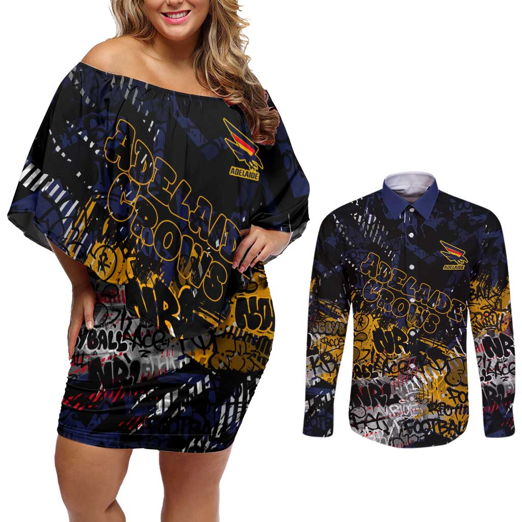 Adelaide Crows Couples Matching Off Shoulder Short Dress and Long Sleeve Button Shirt Urban Graffiti Street Art - Bold Abstract Spray Paint