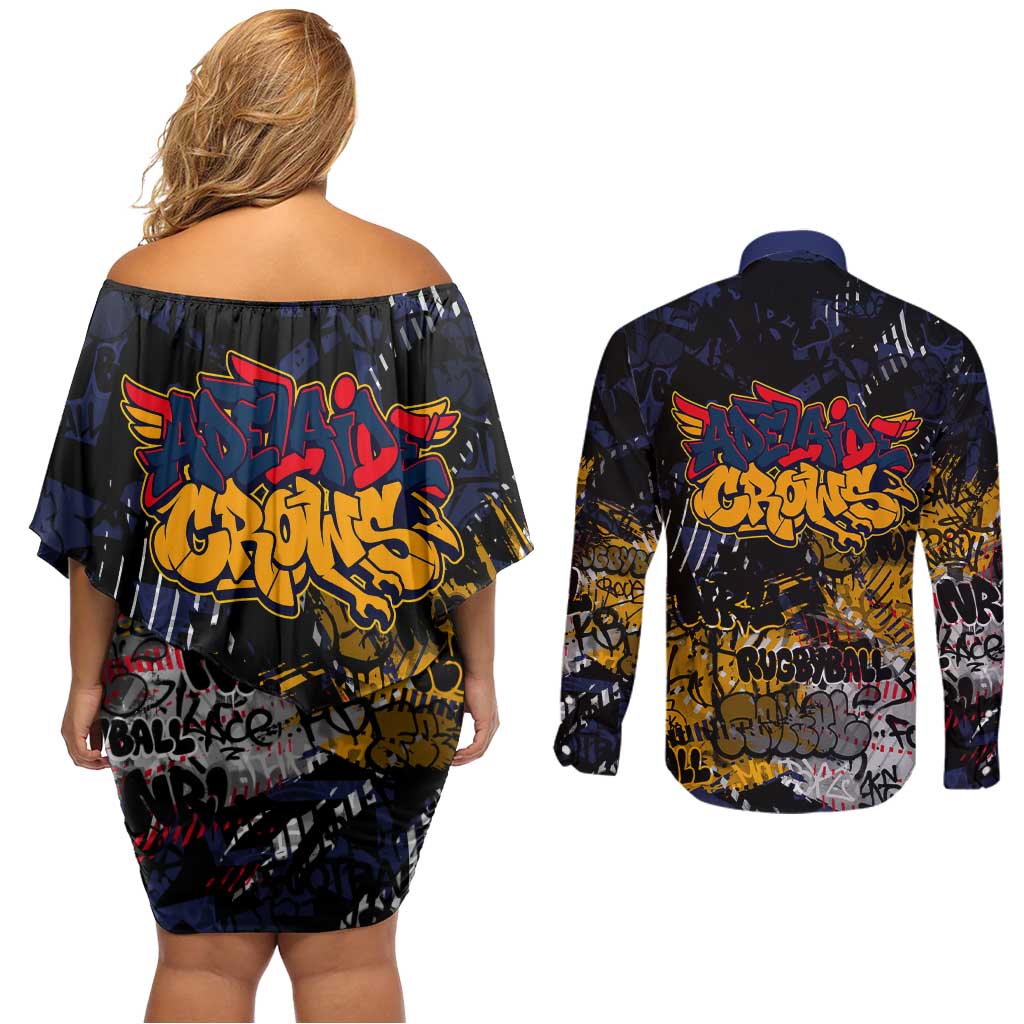 Adelaide Crows Couples Matching Off Shoulder Short Dress and Long Sleeve Button Shirt Urban Graffiti Street Art - Bold Abstract Spray Paint