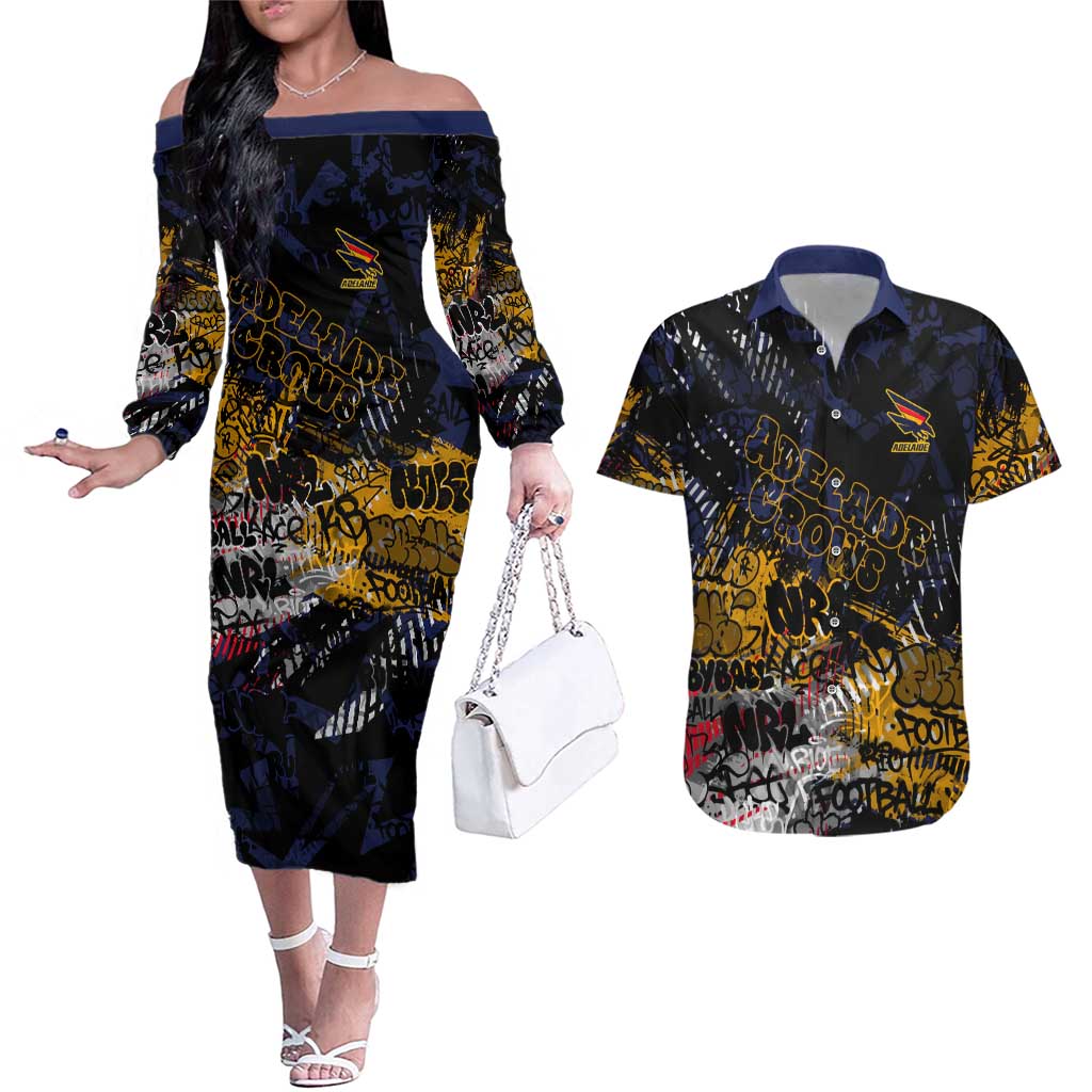 Adelaide Crows Couples Matching Off The Shoulder Long Sleeve Dress and Hawaiian Shirt Urban Graffiti Street Art - Bold Abstract Spray Paint