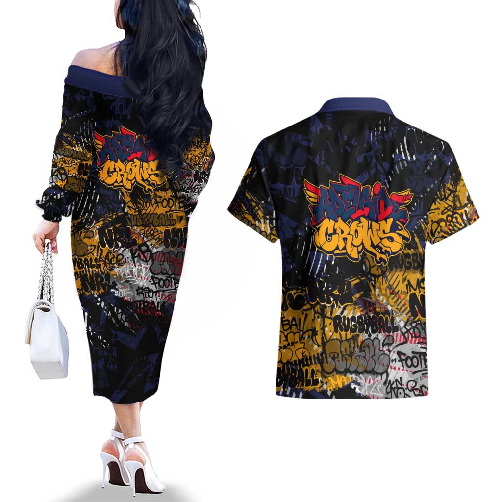 Adelaide Crows Couples Matching Off The Shoulder Long Sleeve Dress and Hawaiian Shirt Urban Graffiti Street Art - Bold Abstract Spray Paint
