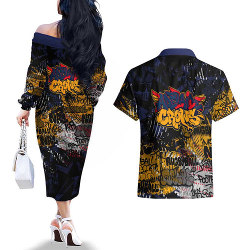 Adelaide Crows Couples Matching Off The Shoulder Long Sleeve Dress and Hawaiian Shirt Urban Graffiti Street Art - Bold Abstract Spray Paint