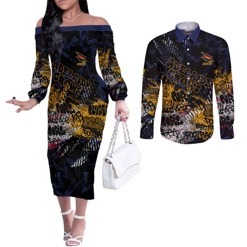 Adelaide Crows Couples Matching Off The Shoulder Long Sleeve Dress and Long Sleeve Button Shirt Urban Graffiti Street Art - Bold Abstract Spray Paint