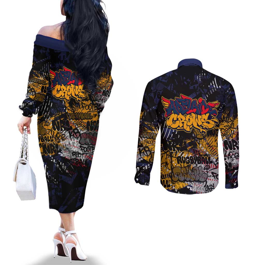 Adelaide Crows Couples Matching Off The Shoulder Long Sleeve Dress and Long Sleeve Button Shirt Urban Graffiti Street Art - Bold Abstract Spray Paint