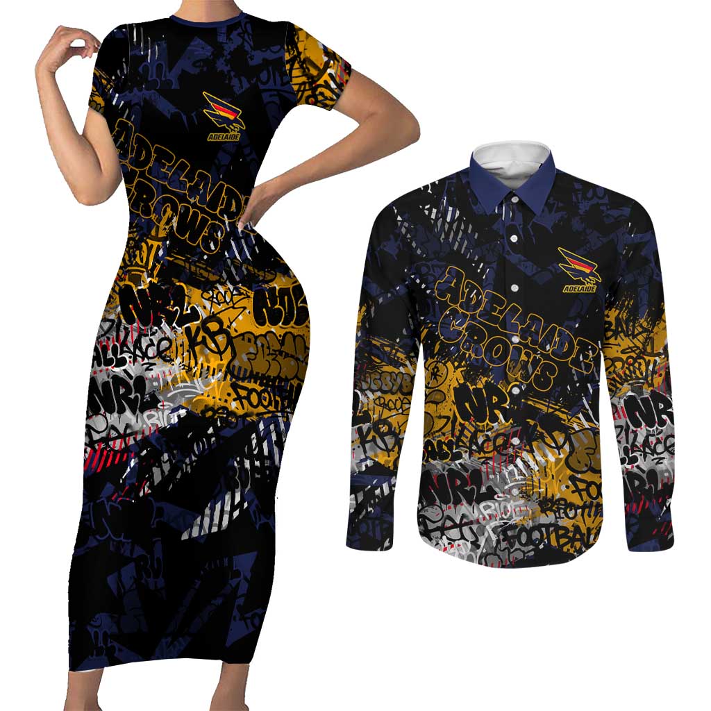 Adelaide Crows Couples Matching Short Sleeve Bodycon Dress and Long Sleeve Button Shirt Urban Graffiti Street Art - Bold Abstract Spray Paint