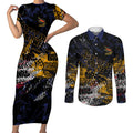 Adelaide Crows Couples Matching Short Sleeve Bodycon Dress and Long Sleeve Button Shirt Urban Graffiti Street Art - Bold Abstract Spray Paint