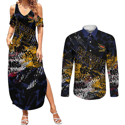 Adelaide Crows Couples Matching Summer Maxi Dress and Long Sleeve Button Shirt Urban Graffiti Street Art - Bold Abstract Spray Paint