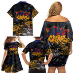 Adelaide Crows Family Matching Off Shoulder Short Dress and Hawaiian Shirt Urban Graffiti Street Art - Bold Abstract Spray Paint