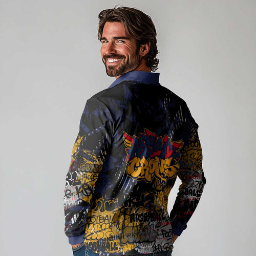 Adelaide Crows Long Sleeve Polo Shirt Urban Graffiti Street Art - Bold Abstract Spray Paint