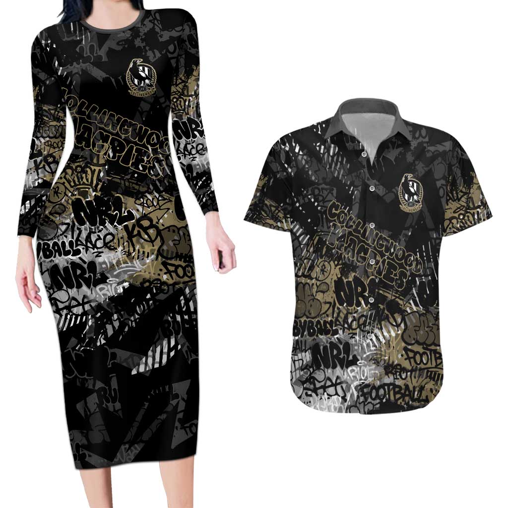 Collingwood Magpies Couples Matching Long Sleeve Bodycon Dress and Hawaiian Shirt Urban Graffiti Street Art - Bold Abstract Spray Paint