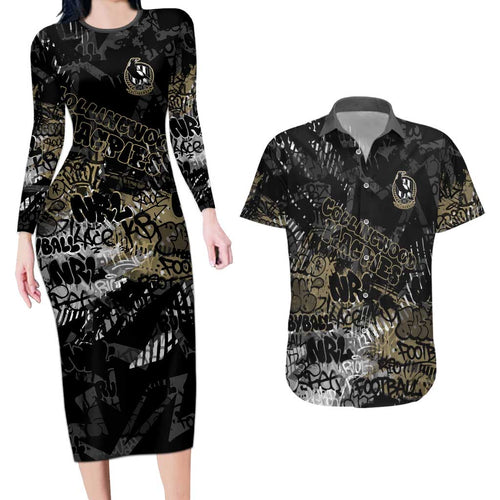 Collingwood Magpies Couples Matching Long Sleeve Bodycon Dress and Hawaiian Shirt Urban Graffiti Street Art - Bold Abstract Spray Paint