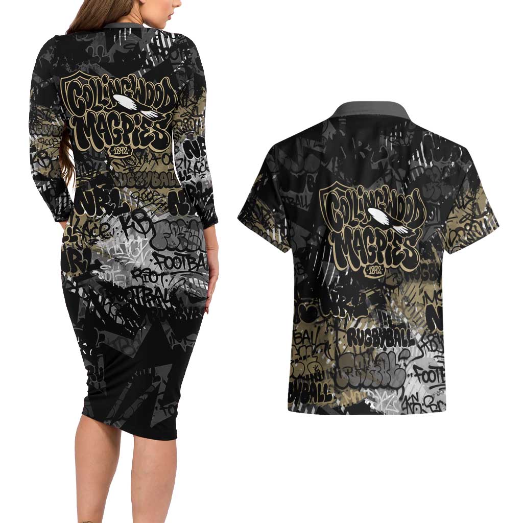 Collingwood Magpies Couples Matching Long Sleeve Bodycon Dress and Hawaiian Shirt Urban Graffiti Street Art - Bold Abstract Spray Paint