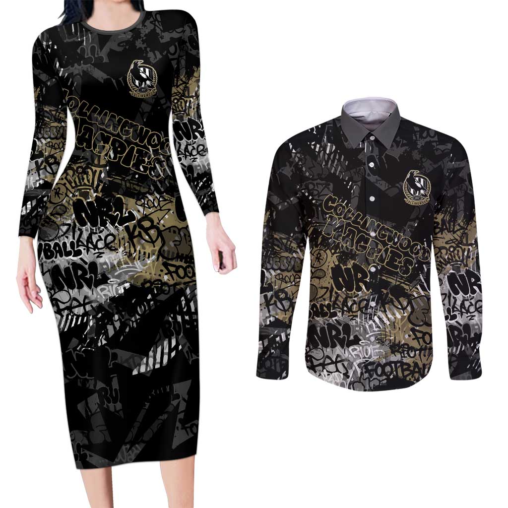 Collingwood Magpies Couples Matching Long Sleeve Bodycon Dress and Long Sleeve Button Shirt Urban Graffiti Street Art - Bold Abstract Spray Paint