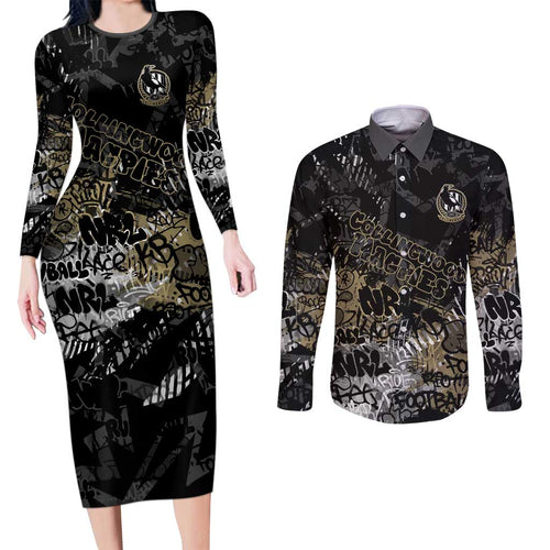 Collingwood Magpies Couples Matching Long Sleeve Bodycon Dress and Long Sleeve Button Shirt Urban Graffiti Street Art - Bold Abstract Spray Paint