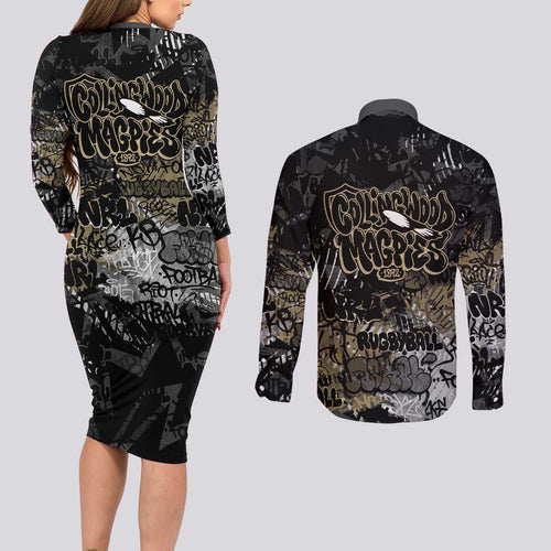 Collingwood Magpies Couples Matching Long Sleeve Bodycon Dress and Long Sleeve Button Shirt Urban Graffiti Street Art - Bold Abstract Spray Paint
