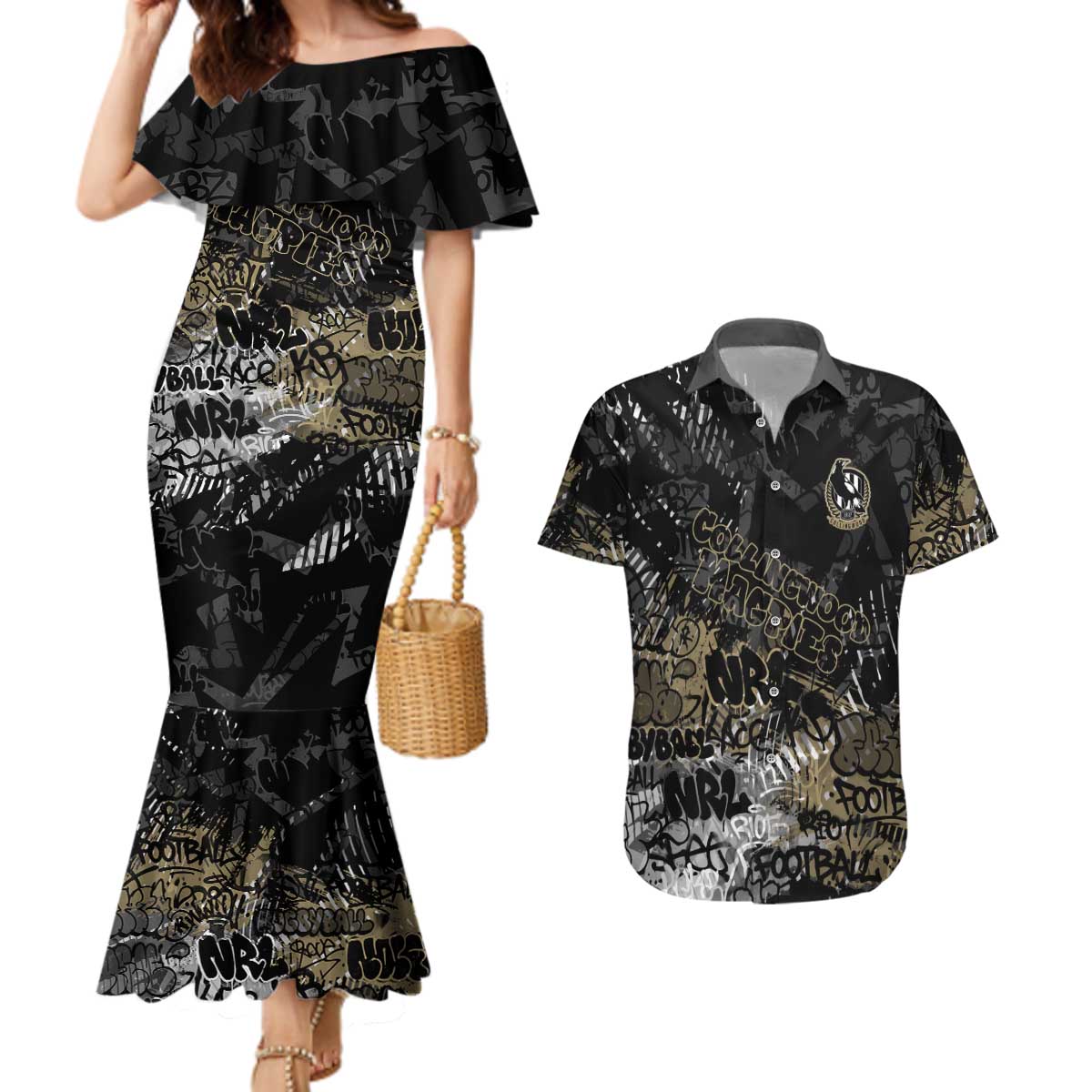 Collingwood Magpies Couples Matching Mermaid Dress and Hawaiian Shirt Urban Graffiti Street Art - Bold Abstract Spray Paint