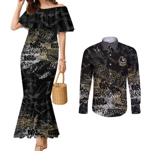 Collingwood Magpies Couples Matching Mermaid Dress and Long Sleeve Button Shirt Urban Graffiti Street Art - Bold Abstract Spray Paint