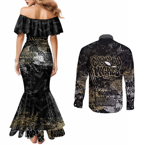 Collingwood Magpies Couples Matching Mermaid Dress and Long Sleeve Button Shirt Urban Graffiti Street Art - Bold Abstract Spray Paint