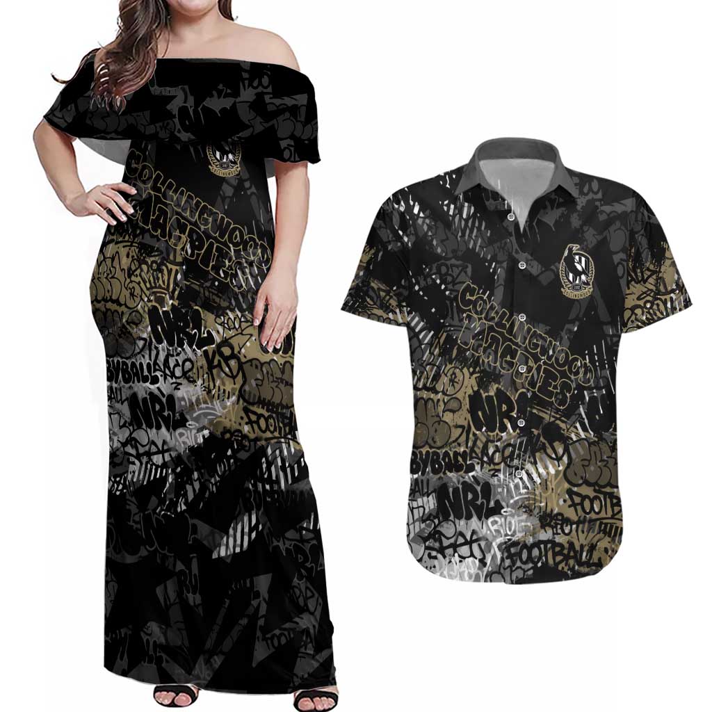 Collingwood Magpies Couples Matching Off Shoulder Maxi Dress and Hawaiian Shirt Urban Graffiti Street Art - Bold Abstract Spray Paint