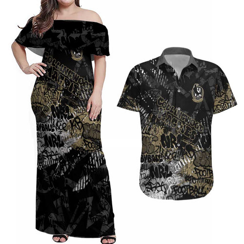 Collingwood Magpies Couples Matching Off Shoulder Maxi Dress and Hawaiian Shirt Urban Graffiti Street Art - Bold Abstract Spray Paint
