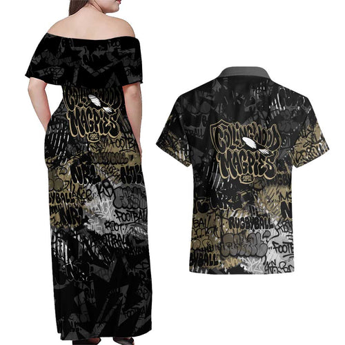 Collingwood Magpies Couples Matching Off Shoulder Maxi Dress and Hawaiian Shirt Urban Graffiti Street Art - Bold Abstract Spray Paint