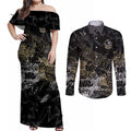 Collingwood Magpies Couples Matching Off Shoulder Maxi Dress and Long Sleeve Button Shirt Urban Graffiti Street Art - Bold Abstract Spray Paint