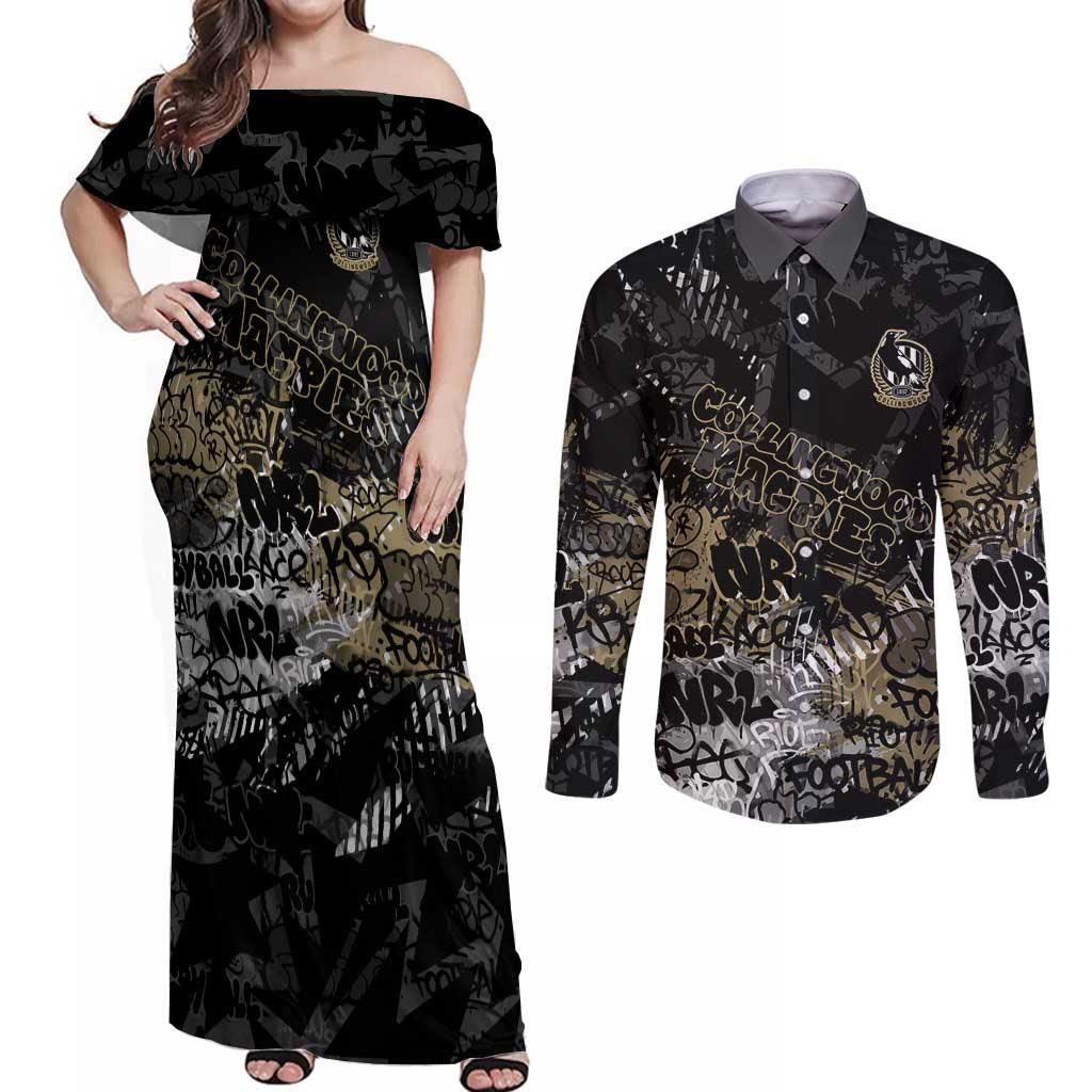 Collingwood Magpies Couples Matching Off Shoulder Maxi Dress and Long Sleeve Button Shirt Urban Graffiti Street Art - Bold Abstract Spray Paint