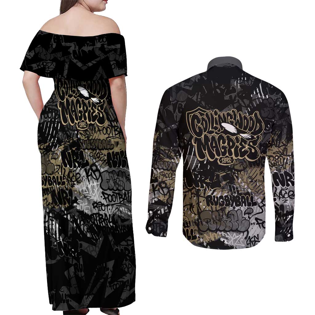 Collingwood Magpies Couples Matching Off Shoulder Maxi Dress and Long Sleeve Button Shirt Urban Graffiti Street Art - Bold Abstract Spray Paint