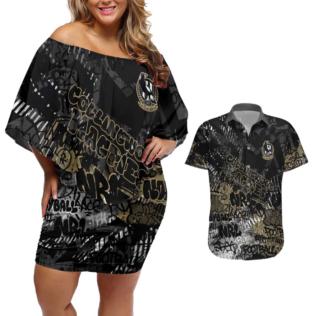 Collingwood Magpies Couples Matching Off Shoulder Short Dress and Hawaiian Shirt Urban Graffiti Street Art - Bold Abstract Spray Paint