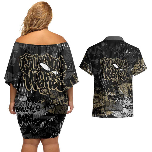 Collingwood Magpies Couples Matching Off Shoulder Short Dress and Hawaiian Shirt Urban Graffiti Street Art - Bold Abstract Spray Paint