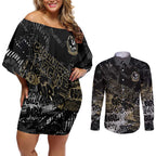 Collingwood Magpies Couples Matching Off Shoulder Short Dress and Long Sleeve Button Shirt Urban Graffiti Street Art - Bold Abstract Spray Paint