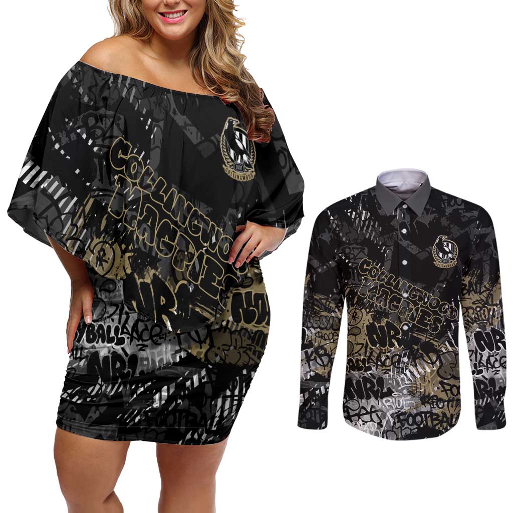 Collingwood Magpies Couples Matching Off Shoulder Short Dress and Long Sleeve Button Shirt Urban Graffiti Street Art - Bold Abstract Spray Paint