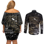 Collingwood Magpies Couples Matching Off Shoulder Short Dress and Long Sleeve Button Shirt Urban Graffiti Street Art - Bold Abstract Spray Paint