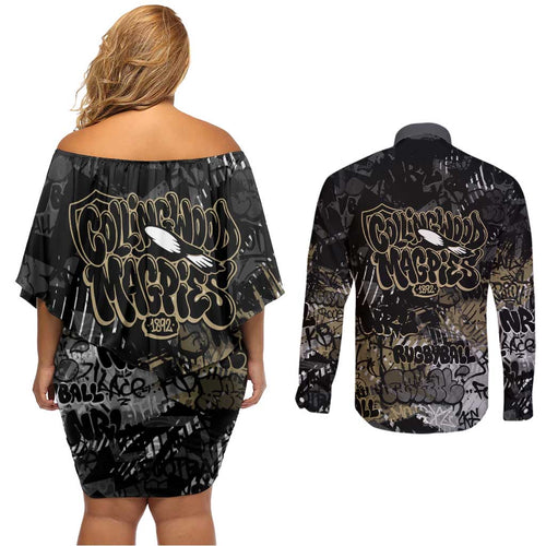 Collingwood Magpies Couples Matching Off Shoulder Short Dress and Long Sleeve Button Shirt Urban Graffiti Street Art - Bold Abstract Spray Paint