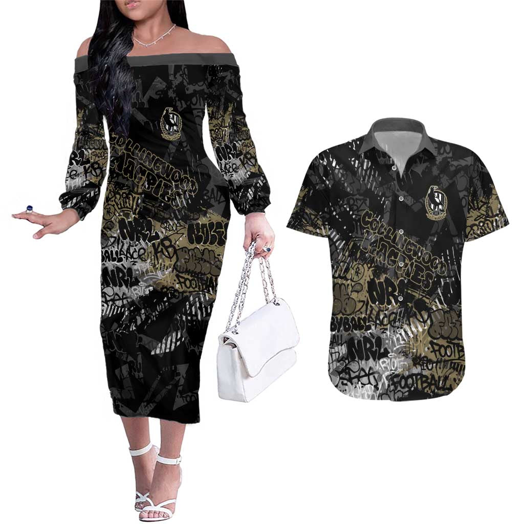 Collingwood Magpies Couples Matching Off The Shoulder Long Sleeve Dress and Hawaiian Shirt Urban Graffiti Street Art - Bold Abstract Spray Paint