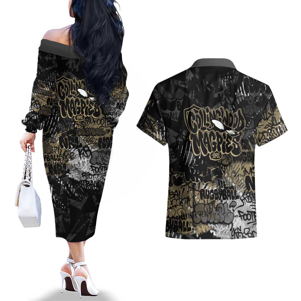 Collingwood Magpies Couples Matching Off The Shoulder Long Sleeve Dress and Hawaiian Shirt Urban Graffiti Street Art - Bold Abstract Spray Paint