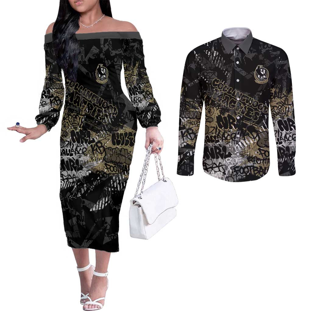 Collingwood Magpies Couples Matching Off The Shoulder Long Sleeve Dress and Long Sleeve Button Shirt Urban Graffiti Street Art - Bold Abstract Spray Paint
