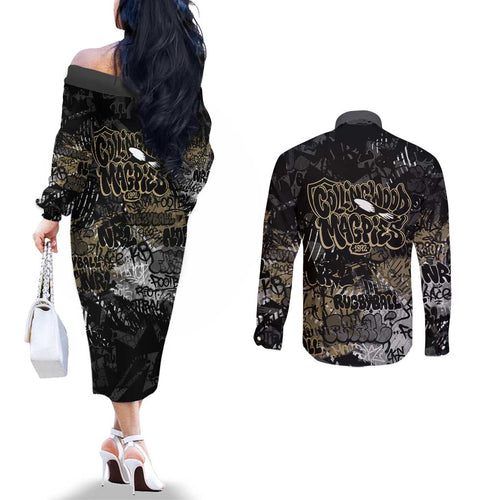 Collingwood Magpies Couples Matching Off The Shoulder Long Sleeve Dress and Long Sleeve Button Shirt Urban Graffiti Street Art - Bold Abstract Spray Paint