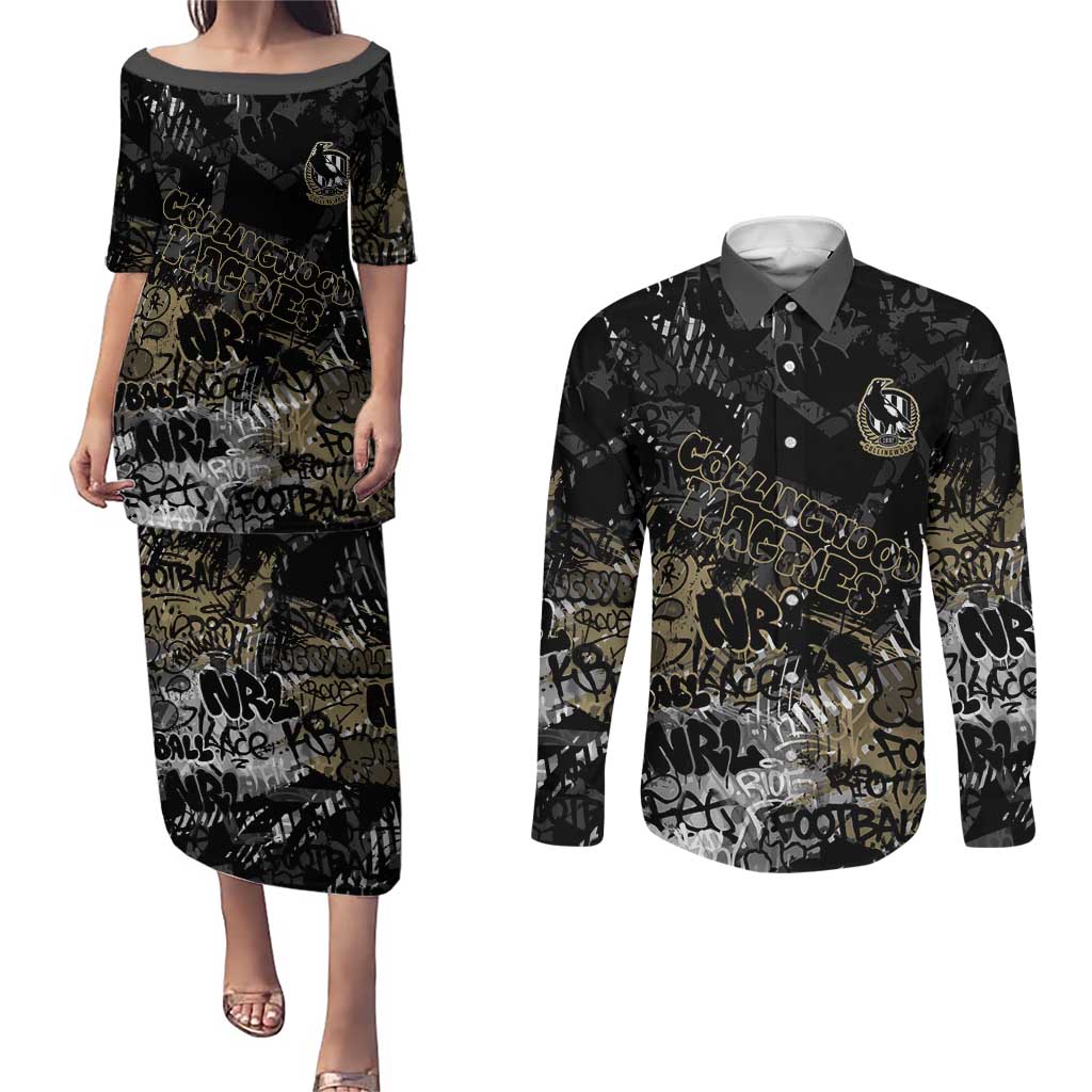 Collingwood Magpies Couples Matching Puletasi and Long Sleeve Button Shirt Urban Graffiti Street Art - Bold Abstract Spray Paint